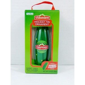 Claussen Dill Pickle Gummy Candy with Collectible Holiday Christmas Tin Ornament